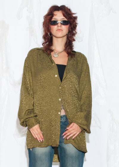 Vintage 80s Oversized Silk Shirt in Khaki