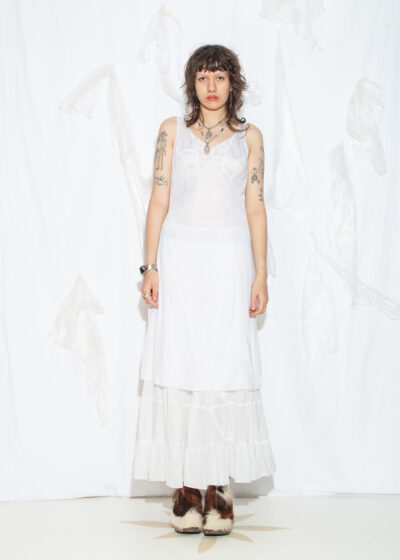 Vintage 70s Slip Midi Dress in White with Lace