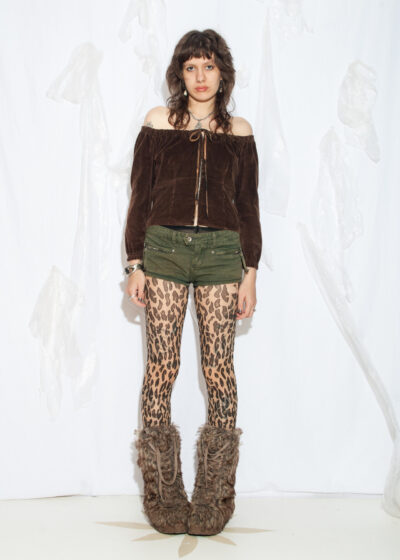 Vintage Y2K Off Shoulder Blouse in Brown Corduroy