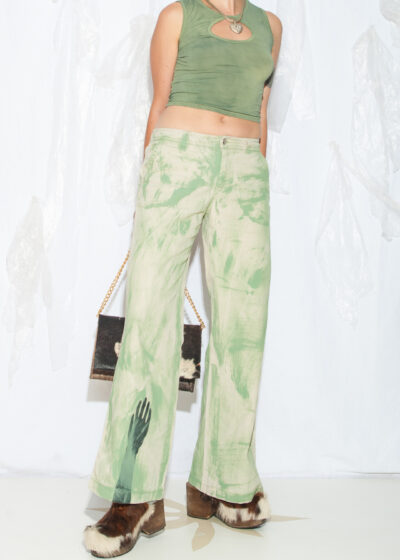 Reworked Vintage Y2K Wide-Leg Trousers in Hand Painted Green