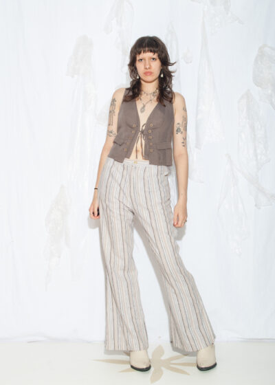 Vintage Y2K Wide-Leg Trousers in Beige Striped Linen
