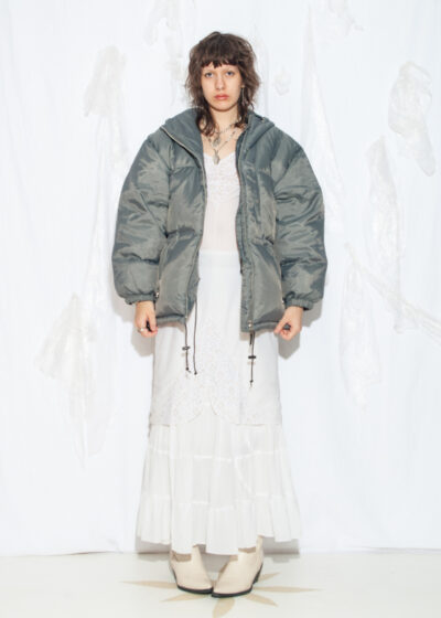 Vintage Y2K Bigarreau Feather Puffer Coat in Silver Grey