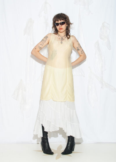 Vintage 70s Lace Slip Dress in Pastel Yellow