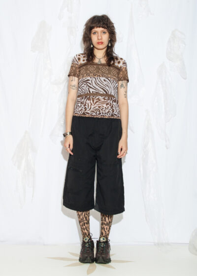 Vintage Y2K Mesh Chaos Print Baby Tee in Brown