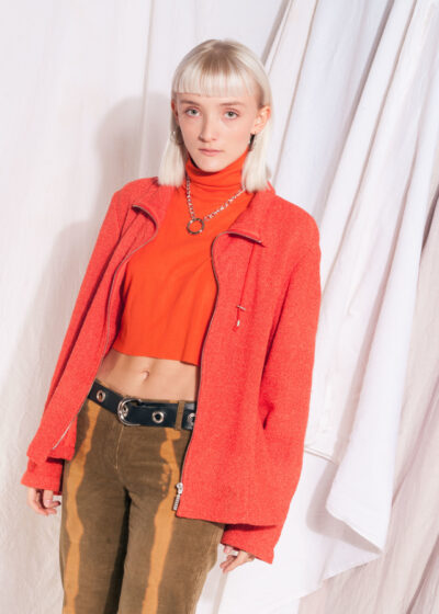 Vintage Blazer Jacket 90s Orange Cotton Cardigan Coat