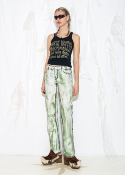 Reworked Vintage Y2K Flare Jeans in Hand-Painted Green and White