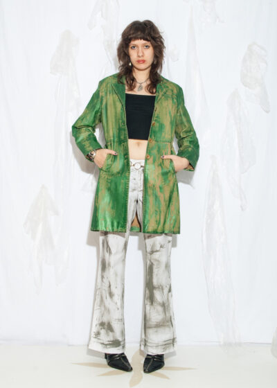 Reworked Vintage Y2K Leather Coat in Hand-Painted Green