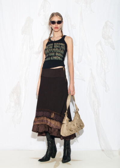Vintage Y2K Frilly Lace Midi Skirt in Brown