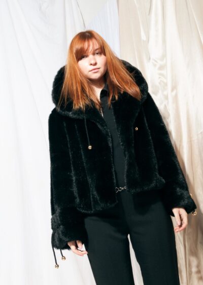 Vintage faux fur coat 90s rework cropped black glam jacket