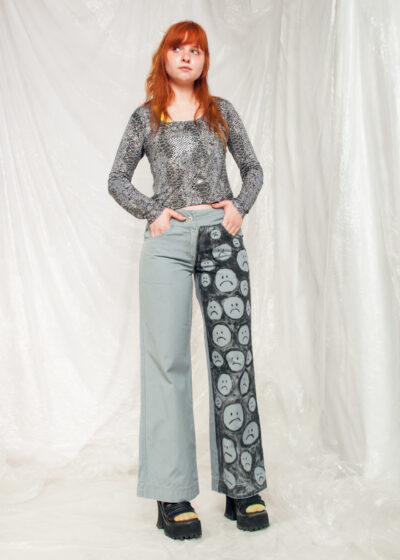 Vintage Flare Jeans Y2K Reworked Sad Face Hand-painted Pants