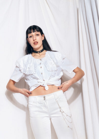 Vintage Blouse 80s Wide Collar Lace Frill Top in White