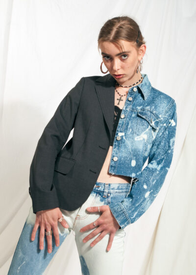 Reworked Vintage Half Blazer 90s Bleached Denim Jacket