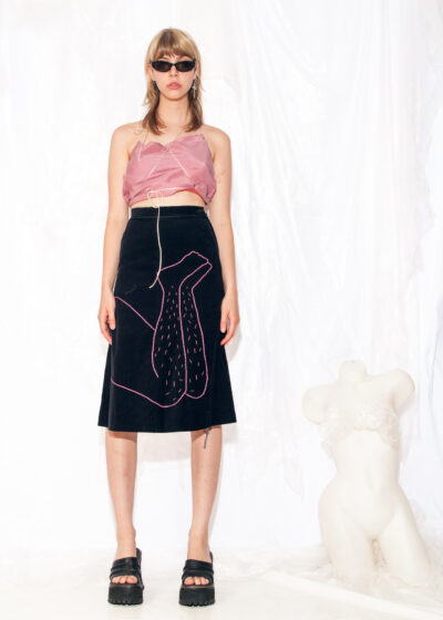Reworked Vintage Skirt 70s Feminist Embroidery Midi