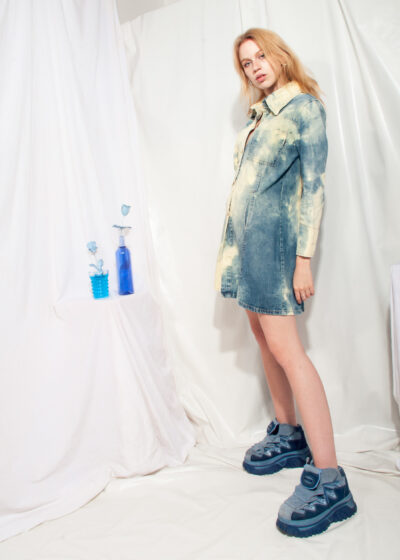 Reworked Vintage Denim Trench Coat Y2K Tie-dye Bleach Jacket