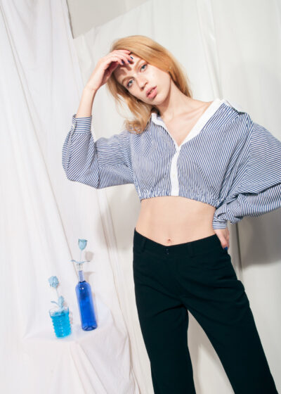 Reworked Vintage Blouse 90s Cropped Puff Sleeve Shirt