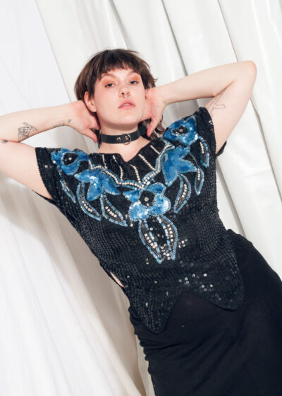 Vintage Top 80s Sequin Flower Party Blouse