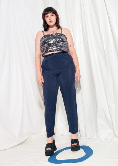 Vintage Trousers 80s High-waisted Silky Blue Tapered Pants