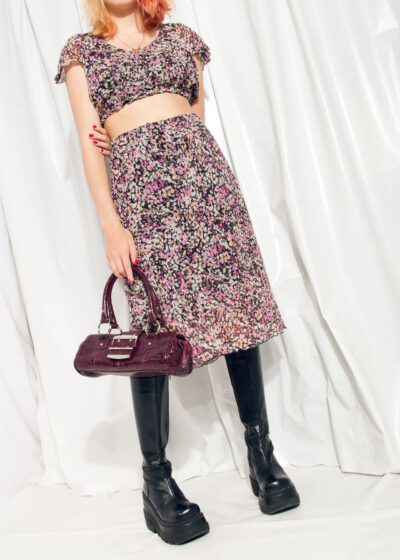 Reworked Vintage Set Y2K Cottagecore Floral Silk Midi Skirt Crop Blouse Co-ords