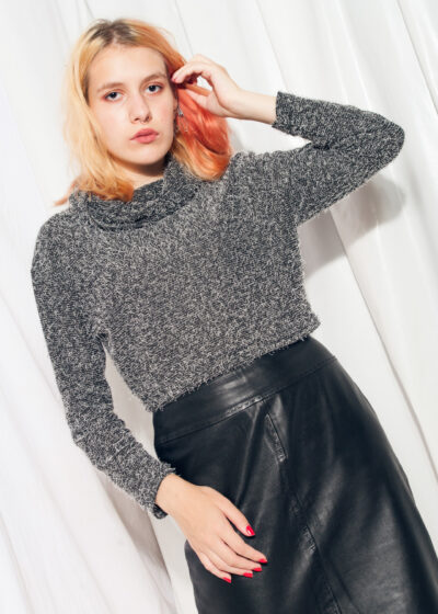 Vintage Furry Jumper 90s Fluffy Grey Crop Top