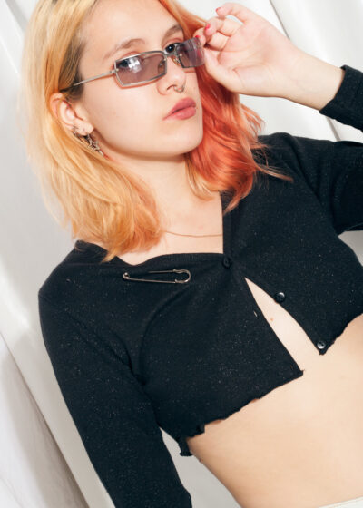 Reworked Vintage Cardigan Y2K Lettuce Hem Black Crop Top