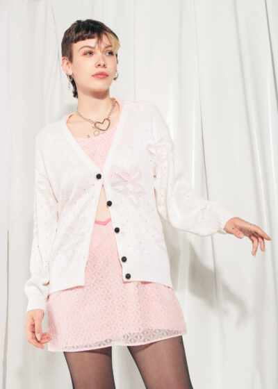 Vintage Cardigan 80s Puff Sleeve White Floral Knit Sweater