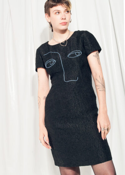 Vintage Dress 60s Reworked Weird Face Embroidery Mod Dress