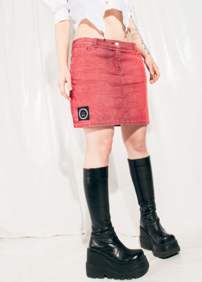 Vintage Skirt Y2K Reworked Sad Face Mini in Red Corduroy