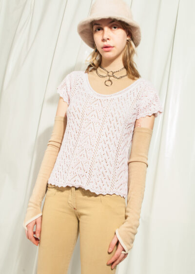 Vintage Lace Top 90s Crochet Tee in Pastel Pink