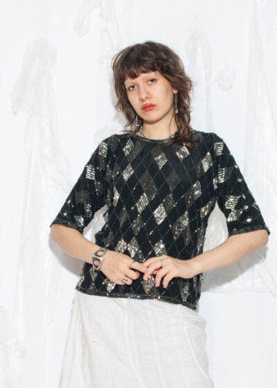 Vintage Silk Blouse 80s Silver Glam Party Top in Black