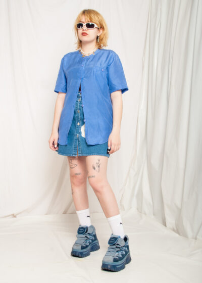 Vintage Silk Shirt 90s Oversized Top in Blue