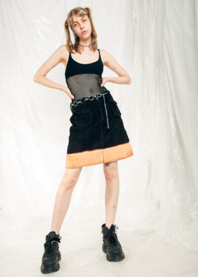 Vintage Skirt Y2K Reworked Bleached Rave Midi in Black Cord