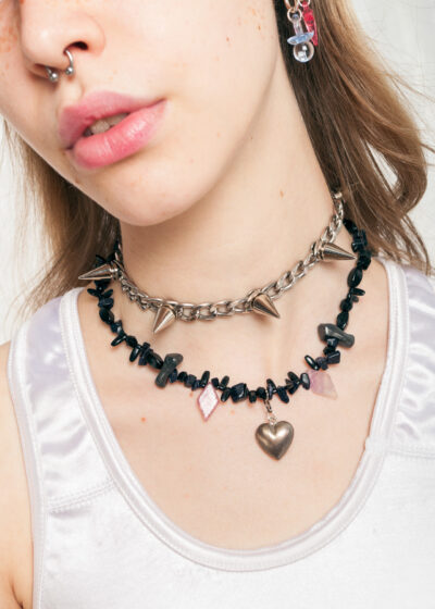 Reworked Necklace Y2K Handmade Gemstone Heart Choker