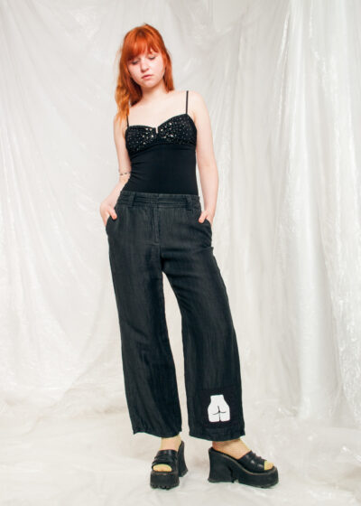 Vintage Trousers Y2K Reworked Feminist Flares in Black Linen