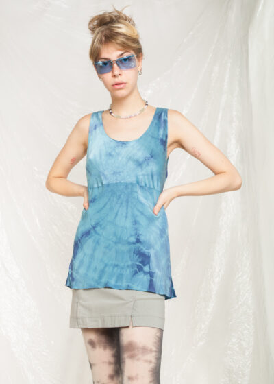 Vintage Silk Top 90s Reworked Tie Dye Blouse in Blue
