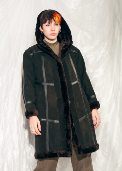 Vintage Leather Coat 80s Faux Fur Hooded Winter Coat