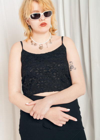 Vintage Crop Top 90s Reworked Festival Singlet in Black Lace