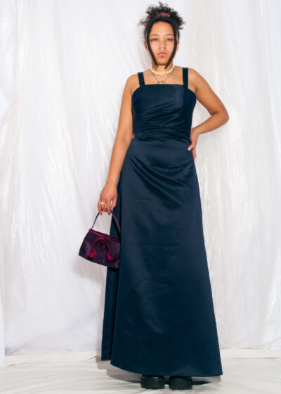 Vintage Prom Dress 90s Ruched Evening Maxi in Blue