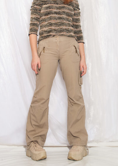 Vintage Cargo Trousers Y2K Tattoo Flare Pants in Beige