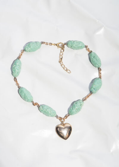 Reworked Necklace 80s Vintage Ceramics Bead Y2K Gold Heart