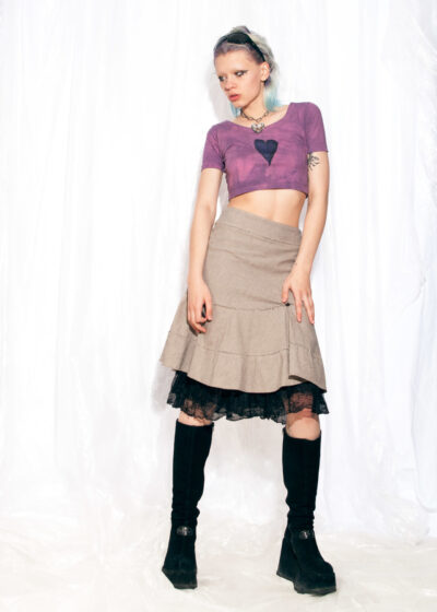 Vintage Skirt Y2K Frilly Lace Fairycore Midi in Beige Cotton