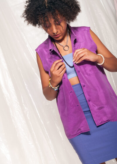 Vintage silk blouse 90s purple sleeveless shirt