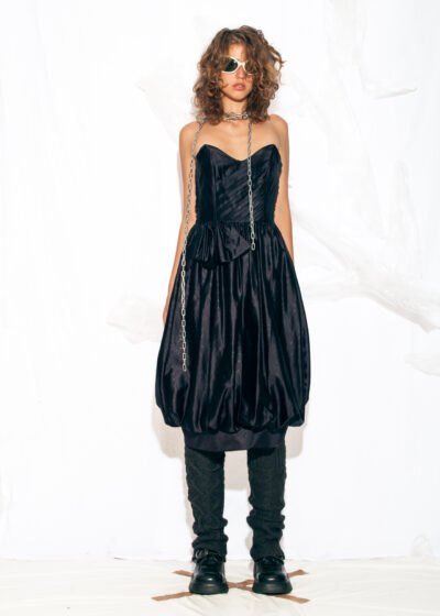 Vintage 80s Party Dress with Bubble Skirt in Black Satin