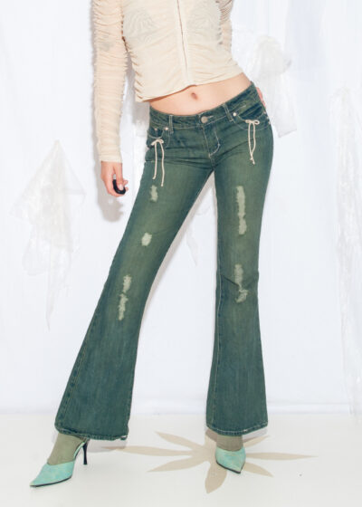 Reworked Vintage Y2K Mud Wash Flare Jeans with Bows
