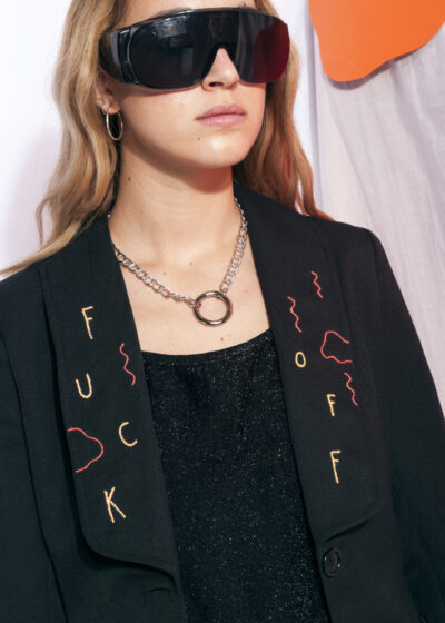 Vintage jacket 70s reworked Fuck Off embroidery handmade black blazer