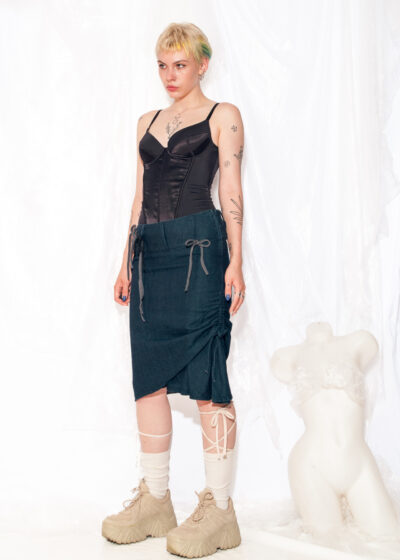 Vintage Denim Skirt Y2K Ruched Bow Midi in Blue