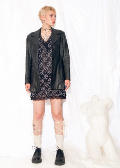 Vintage Leather Coat 90s Dark Academia Jacket in Black