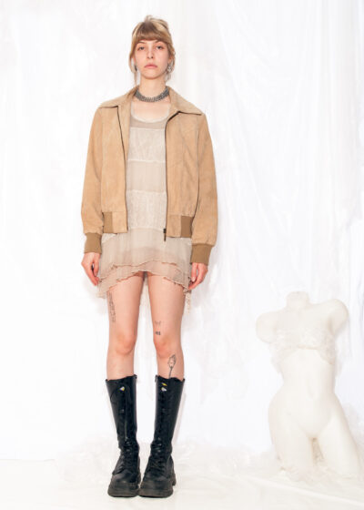 Vintage Leather Jacket 90s Suede Bomber in Beige