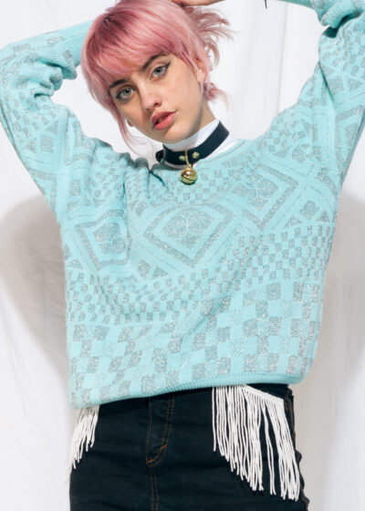 Vintage knit jumper 80s silver turquoise Xmas sweater