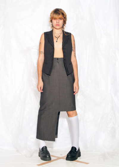 Vintage 90s Midi Skirt in Grey Wool Reworked Asymmetric Cut