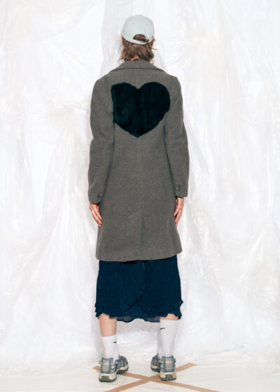 Vintage 90s Winter Coat in Grey Wool Reworked Faux Fur Heart
